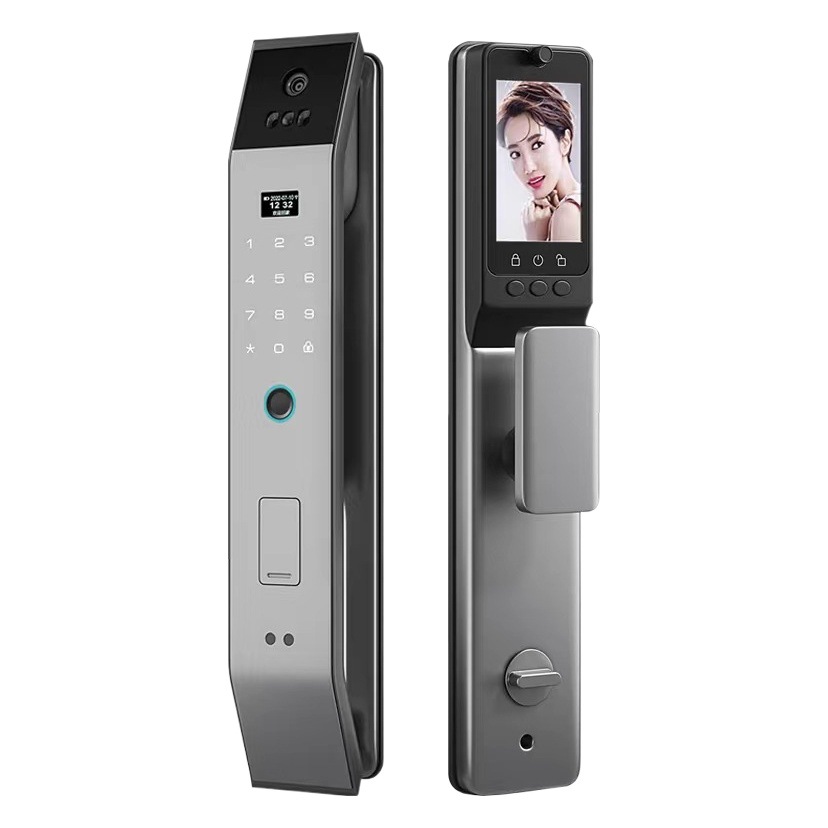 Cerradura con reconocimiento facial y huella dactilar, cerradura sin taladro con llave y contraseña, nueva cerradura de estilo chino, cerradura inteligente para puerta con mirilla visual.