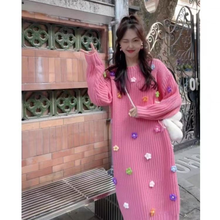 冬新款加厚甜美可爱立体彩色花毛球圆领毛衣慵懒风套头针织连衣裙
