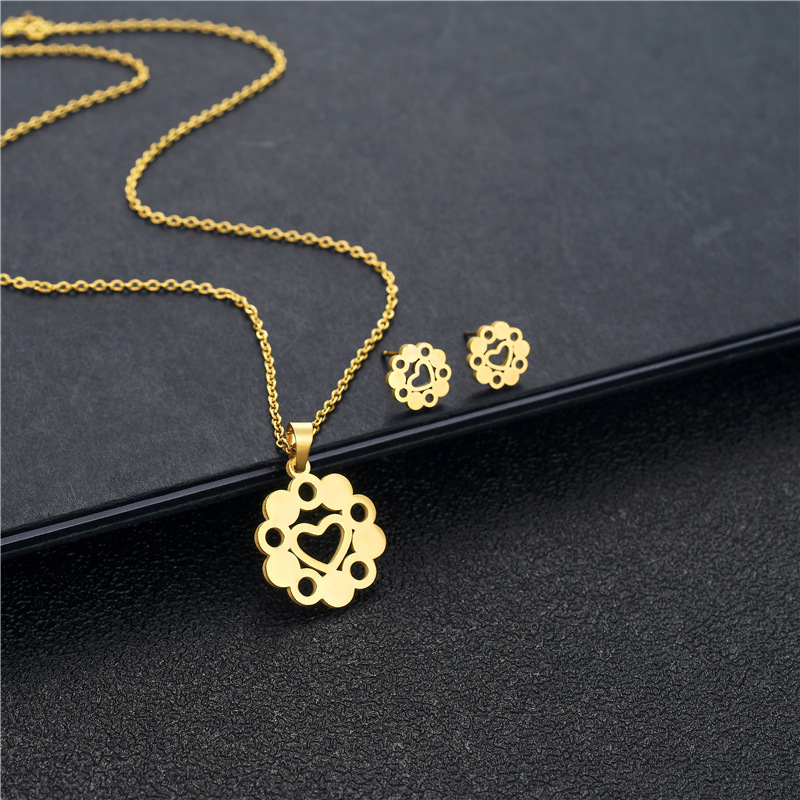 fashion hollow heart-shaped pendant earrings stainless steel necklace set