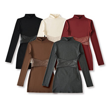 秋冬磨毛半高领长袖连衣裙女2025秋季御姐辣妹拼皮束腰紧身包臀裙