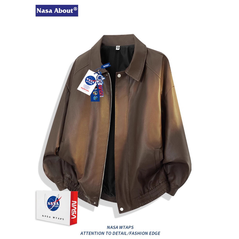 Nasa Leather Jacket Men's Spring and Autumn American Style Trendy Brand Turn-Down Collar Leather Jacket Cool Casual Motorcycle Jacket Men's Top Nasa Leather Jacket Men's Spring and Autumn American Style Trendy Brand Turn-Down Collar Leather Jacket Cool Casual Motorcycle Jacket Men's Top