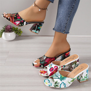 European and American Export Embroidered Open-Toe High-Heeled Square-Toe Slippers for Women Cross-Border Large Size Thick-Heeled One-Line Fashion Sandals Ebay