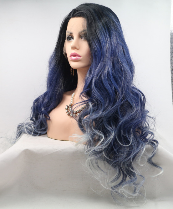 Azul y negro gradiente cabello largo rizado frente de encaje europeo y americano peluca de fibra química LW0264