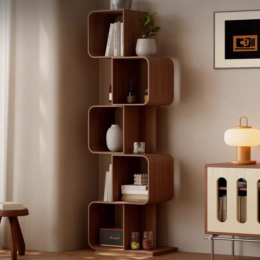 Designer Mid-Century Style Solid Wood Corner Cabinet Bookshelf Storage Rack Floor-Standing Display Rack Living Room Bedroom Retro Bookshelf