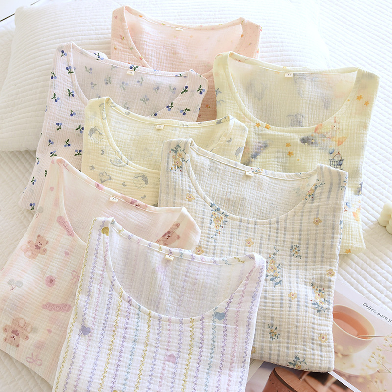 Cup Breastfeeding Top Pajamas Pregnant Women's Clothes Postpartum Breastfeeding Spring and Summer Crepe Cotton Long-Sleeved Luna Clothes Home Clothes