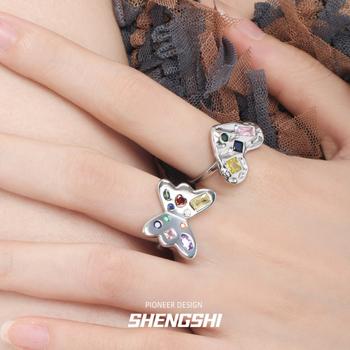 Korean version of niche colored diamond love butterfly ring for women niche high-end light luxury cool style non-fading adjustable ring