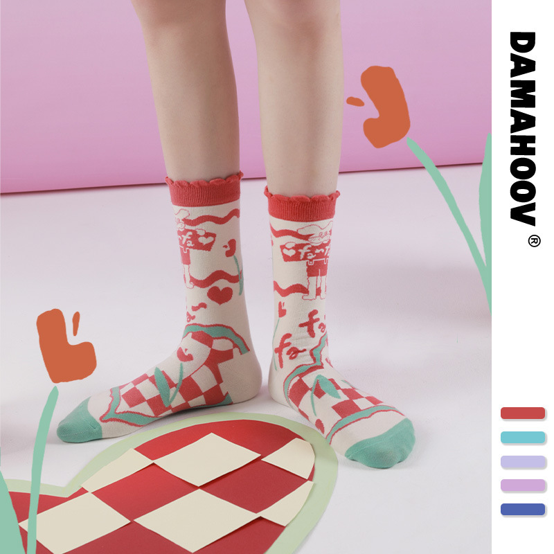Cartoon Original Brand Women's Short Socks Cute Girl's Antique Fashionable Autumn and Winter Cotton Socks Sweat-Absorbing Odor-proof Mid-tube Socks