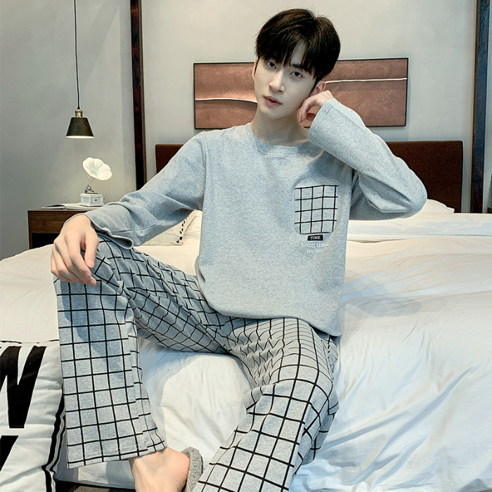 2023 Otoño e Invierno pijamas hombres con cuello en V manga larga traje suelto casual juventud hogar desgaste simple Traje a cuadros