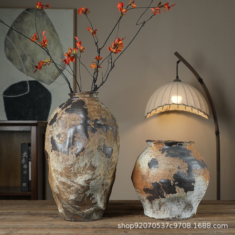 Vintage Distressed Rustic Pottery Zen Wabi-Sabi Style Vase for Dried Flowers, Ceramic Floor-Standing Ornament Flower Pot for Guesthouse Model Rooms Vintage Distressed Rustic Pottery Zen Wabi-Sabi Style Vase for Dried Flowers, Ceramic Floor-Standing Ornament Flower Pot for Guesthouse Model Rooms