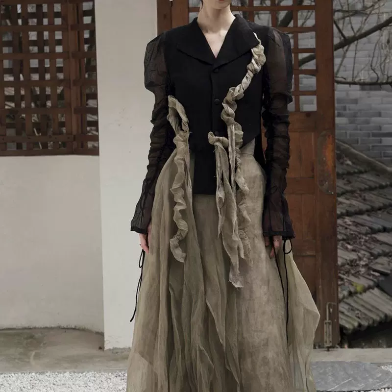 现货ON 春季薄款纱袖飘逸长袖衬衫女 2026早春新款仙女风法式暗黑