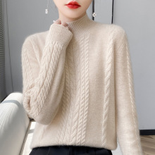 秋冬新款时尚针织扭花半高领羊毛衫女针织打底加厚宽松非羊绒毛衣