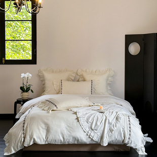 Qinghe ~ French Romantic Four-piece Set Cotton Double-layer Yarn Princess Embroidered Bedding Sheet Pure Cotton Quilt Cover