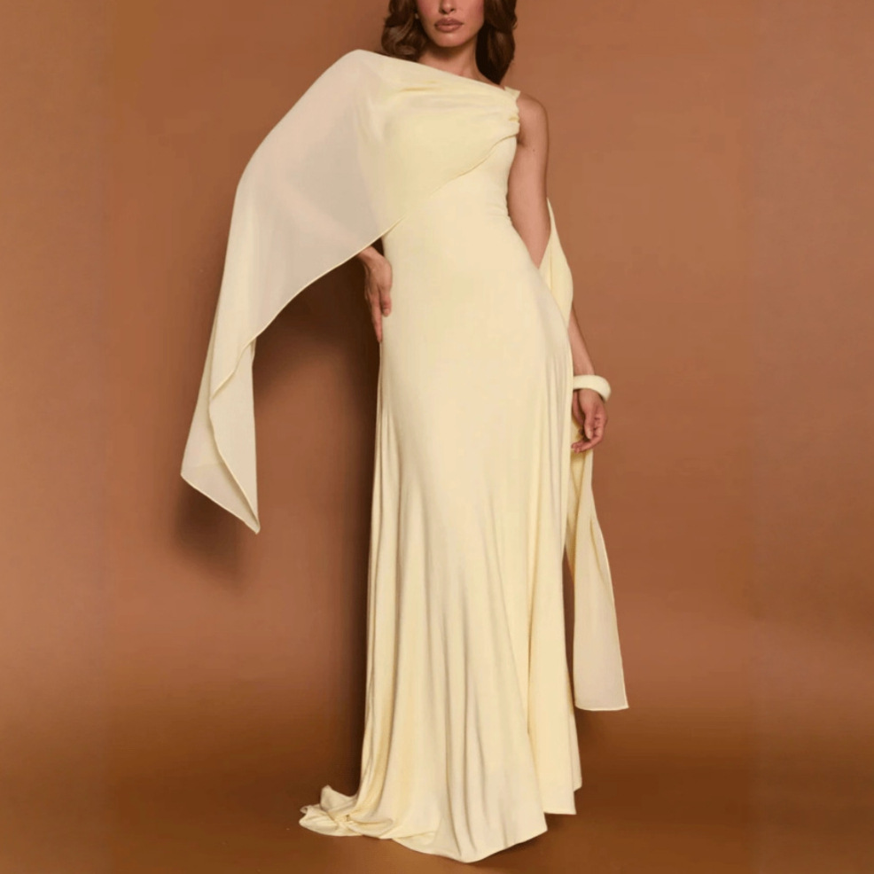 Independent Station Cross-Border European and American Fashion New Style Off-Shoulder Ribbon Irregular Dress Floor-Length Evening Dress