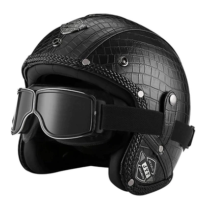 Motorcycle Safety Supplies — and Women's Motorcycle Leather Helmet - 555-leather-helmet-black-plaid-square-retro-mirror-s