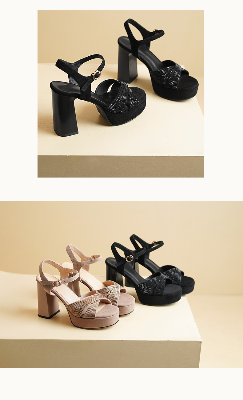 Sandal cao gót nữ đế platform đính đá, quai ngang khóa, mũi hở kiểu La Mã — màu đen, màu mơ chi tiết 6