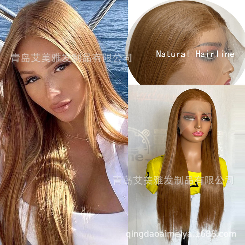 Cross-Border Wig for Women, Lace Front, Brown-Gold Long Straight Hair, Japanese Silk Cos Fashion Realistic Wigs, Manufacturer Dropshipping