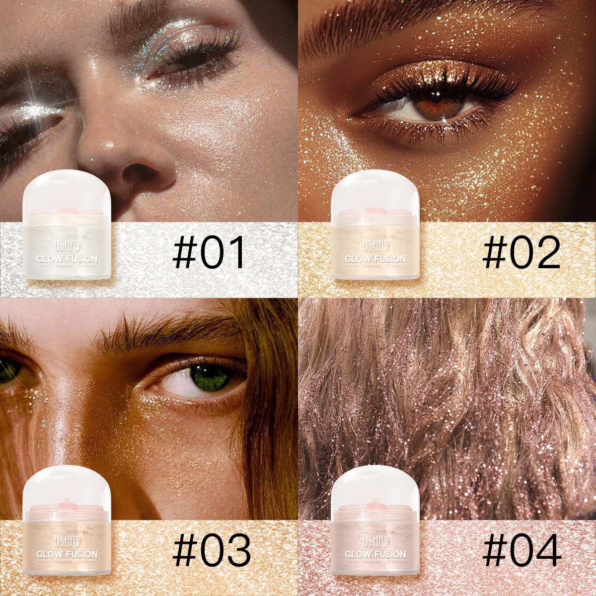 USHAS Europa y los Estados Unidos transfronterizos spot polvo de polvo de alto brillo polvo de brillo estereoscópico natural impermeable cuerpo brillante color de piel UF085