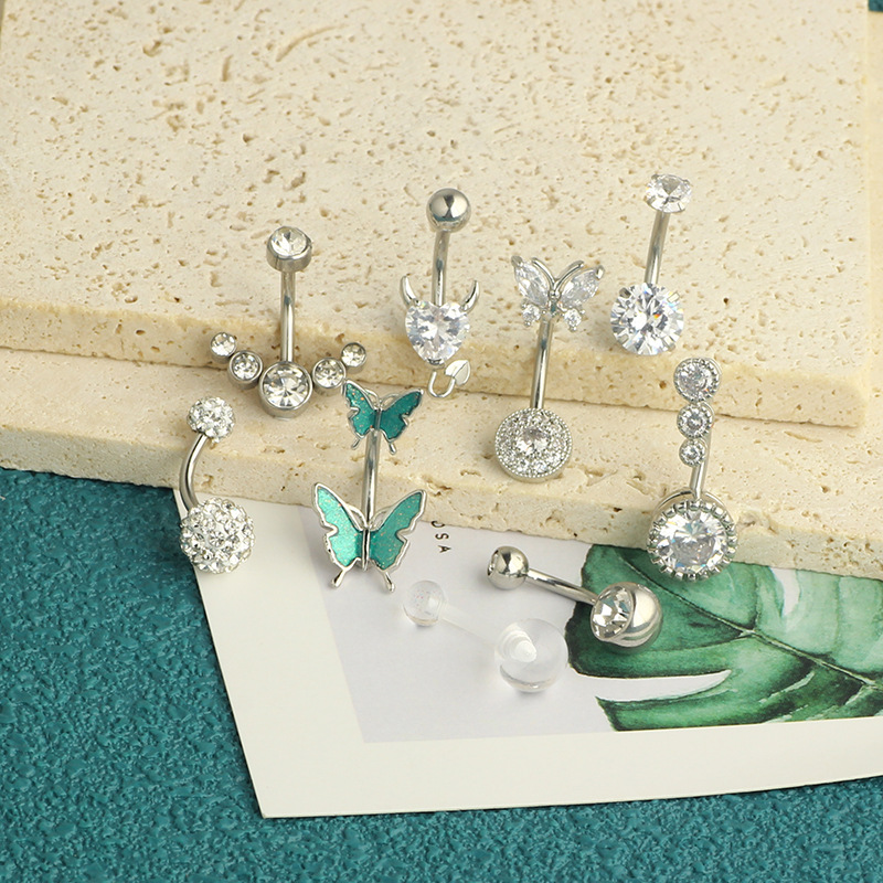 Wholesale Rose Gold Set Butterfly Stainless Steel Diamond CZ Flower Navel Ring Belly Button Piercing Jewelry 9-Piece detail image 14
