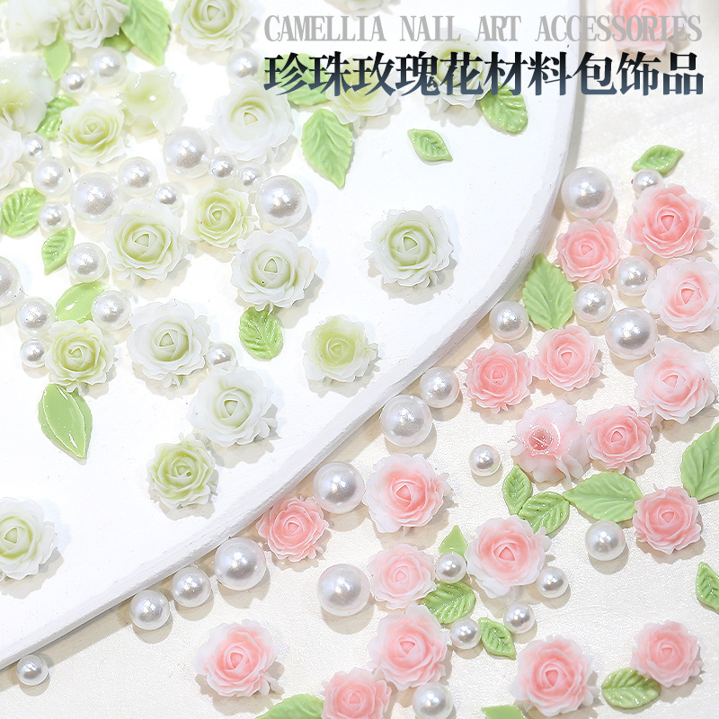 Rose Nail Art Jewelry Mixed Three-dimensional Flowers, Leaves, Pearl and Nail Material Bag Nail Accessories Drill