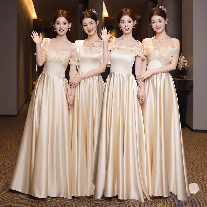 Beautiful Champagne-Colored Bridesmaid Dresses 2026 New Model, Suitable for Everyday Wear, High-End Niche Satin Performance Gowns for the Sister Group