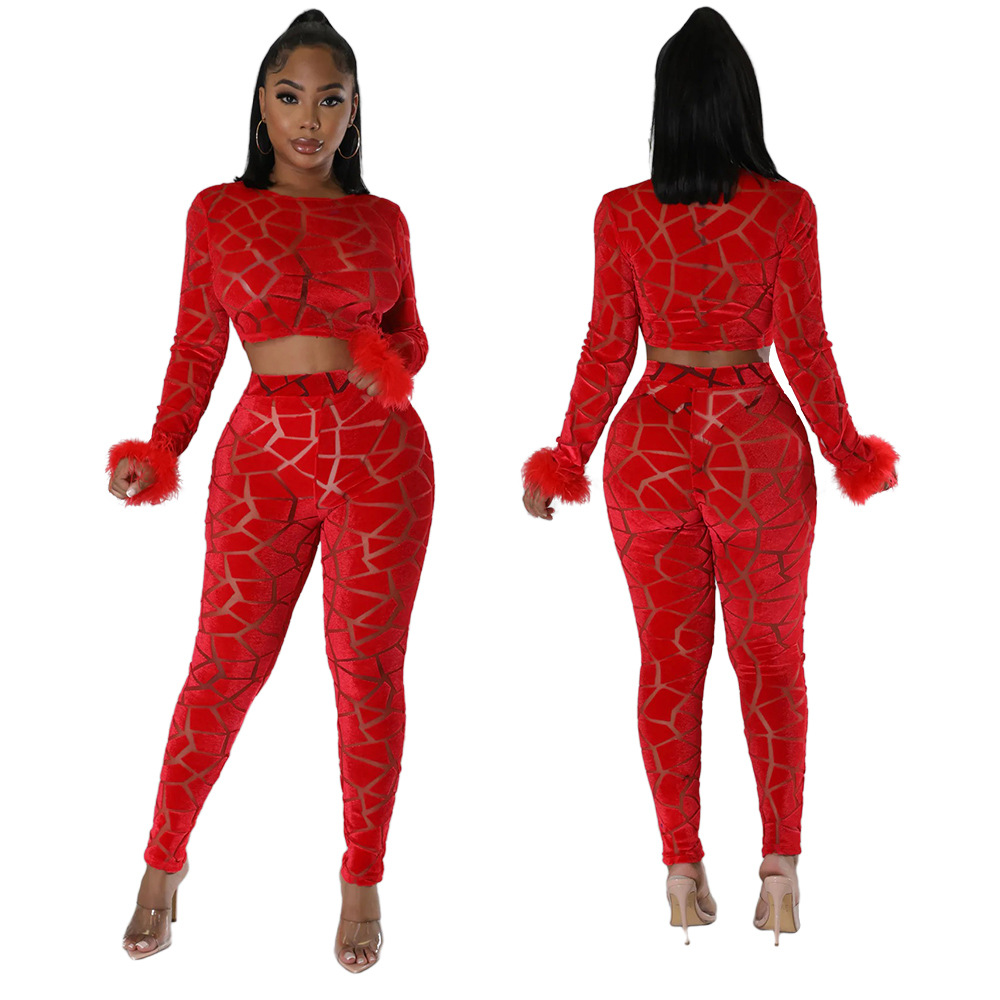 Abbigliamento da donna, top corto a maniche lunghe con pantaloni a matita aderenti, set alla moda in due pezzi_voghion.com