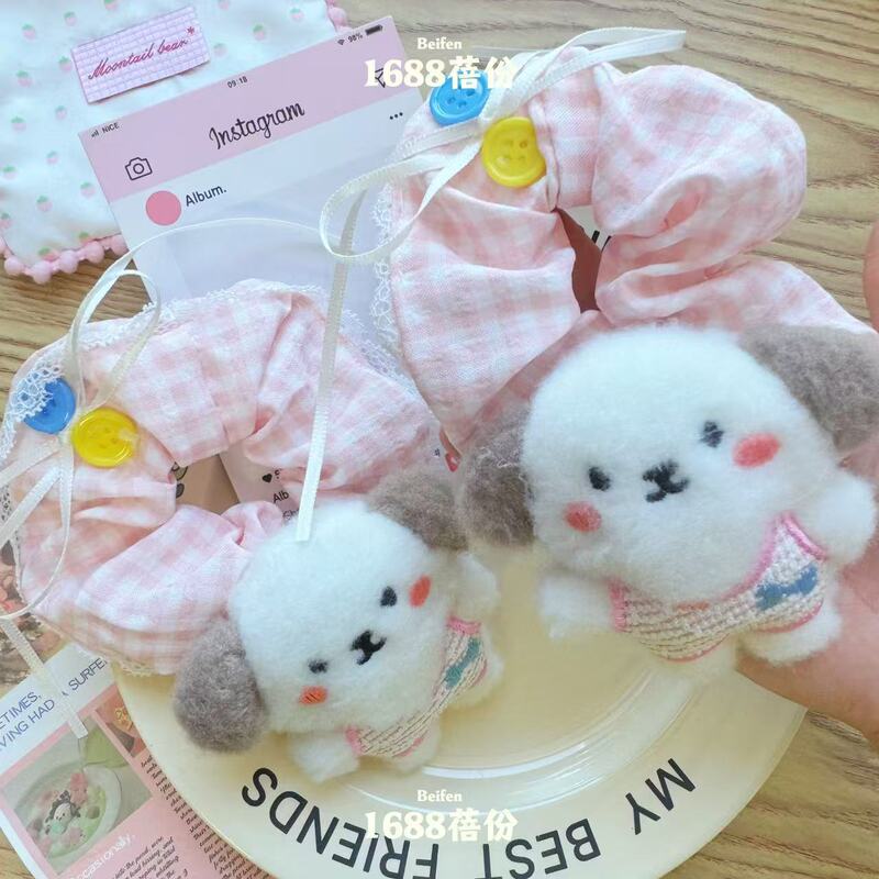韩系ins风可爱小狗蕾丝花边蝴蝶结大肠发圈甜美发饰少女马尾头绳|undefined