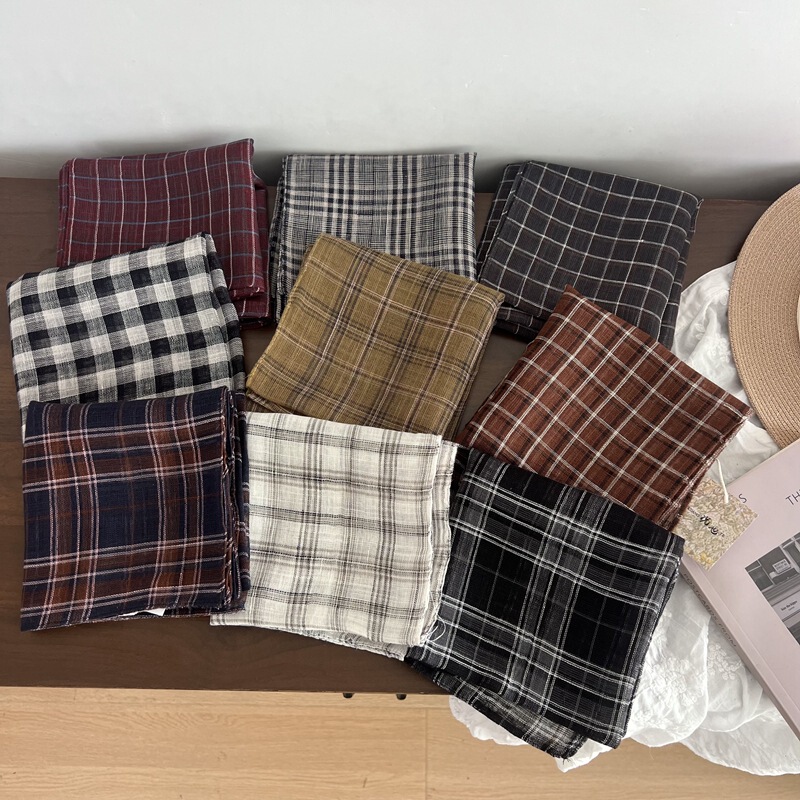 Korean New Style Linen-Cotton Blend Small Square Scarf for Women, Versatile and Fashionable Retro Plaid Neck Scarf for Spring, Summer, and Autumn