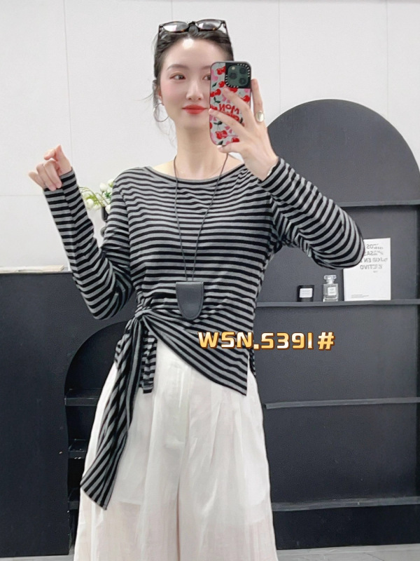 2025秋季新款休闲不规则一字领长袖套头上衣女装T恤5391|undefined