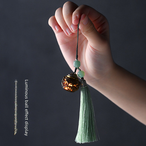 Green Sandalwood Chinese Lotus Incense Bag Pendant Phone Chain Hook, Ancient Style Mandarin Collar Brooch, Hollow Flowing tassels