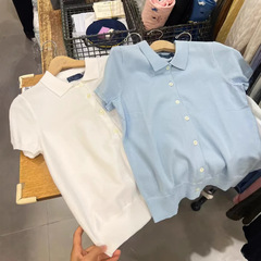 ポロカラーニット半袖カーディガンカジュアルスリムで多用途なポニー刺繍トップ女性用