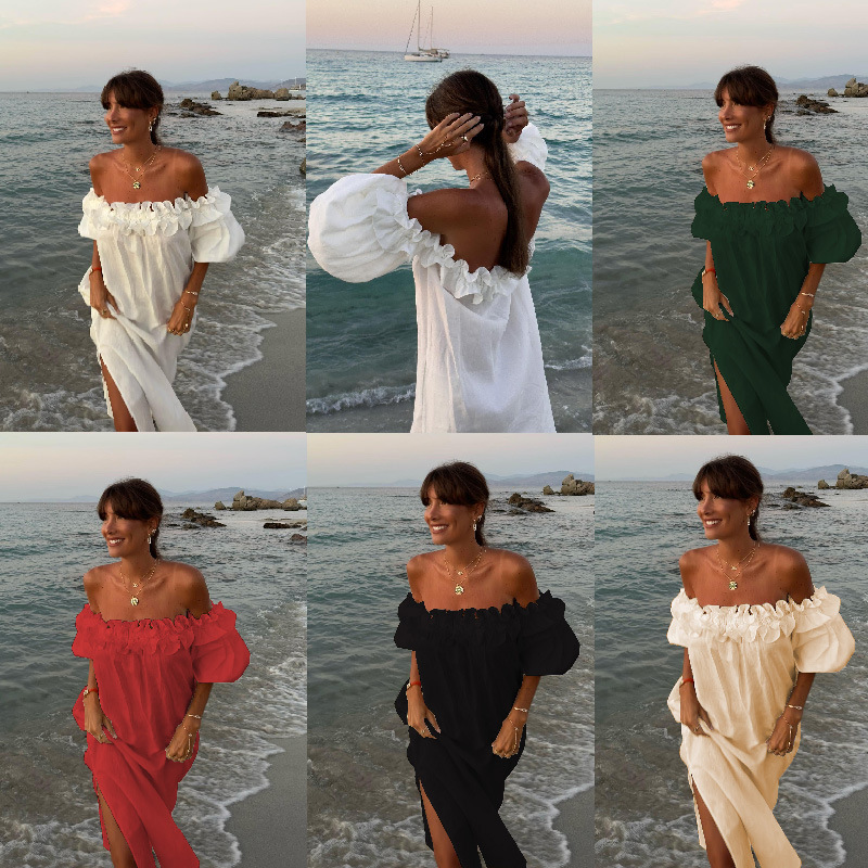 420g Weight Knee-Length Dress Length Type Short Sleeve Sleeve Length Regular Dress Dresses Type Bishop Sleeve Sleeve Type Linen Fabric Type High Waist Waist Line Daily Occasion Boat Neck Neckline Regular Fit Fit Type Solid Color Pattern Summer Season Women's Gender Simple Style Style Wholesale Women's Simple Style Solid Color Daily Boat Neck Short Sleeve Regular Dress 无