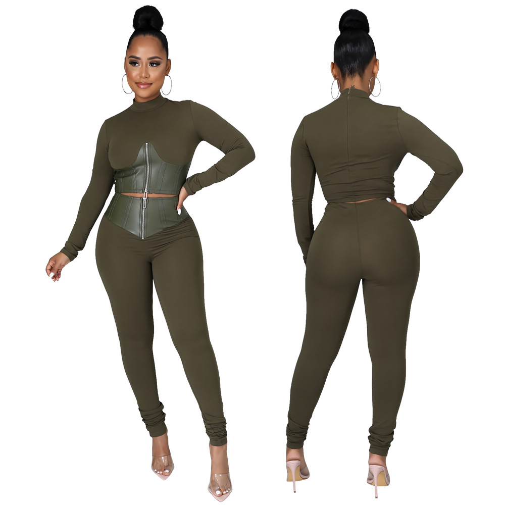 Solid color high collar long-sleeved zipper top & slim pants set NSCYF80213