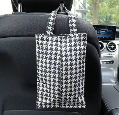 Car Tissue Box, Trash Can, Car Tissue Box, Two-In-One Seat Hanging Paper Bag, Armrest Box, Popular Storage Bag (Car tissue box/set) - houndstooth