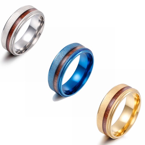  Cross-border Amazon New Jewelry European and American Men's Titanium Steel Ring 8MM Brushed Matte Wood Grain Inlay Band