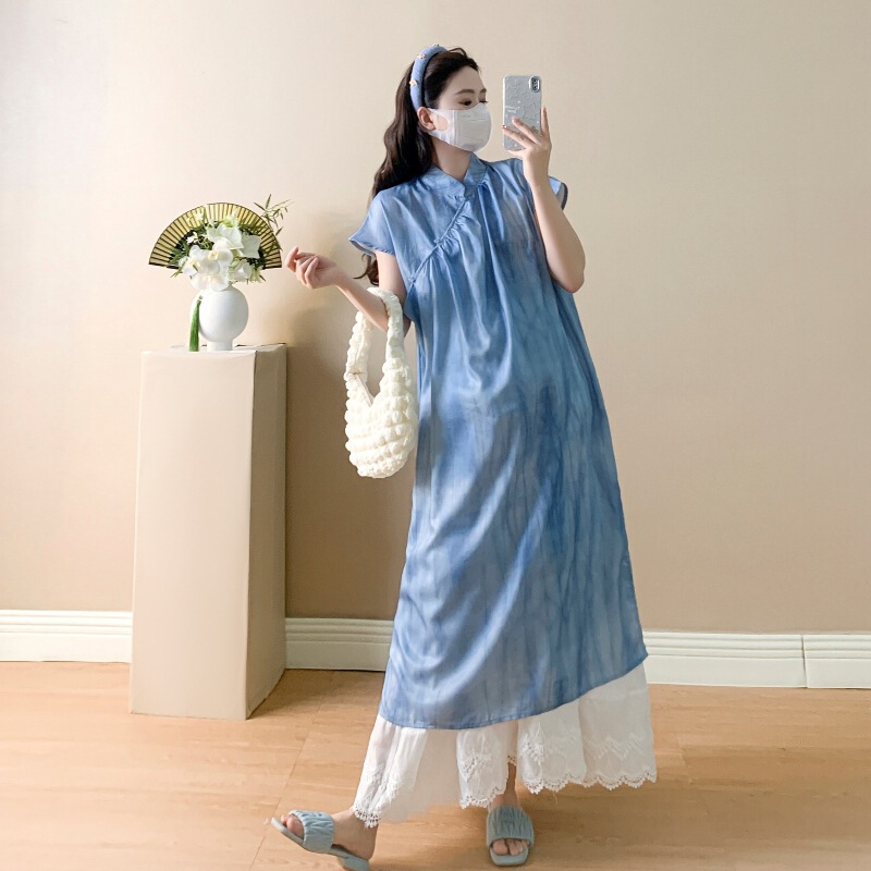 Real Photos in Stock 2025 New Maternity Summer Wear Blue Cheongsam Dress Lace Skirt Layered Outfit