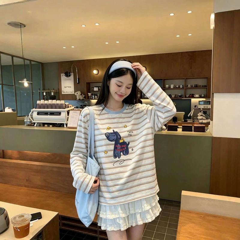 egg.elephant Cherry Stripe Puppy Casual Versatile Long Sleeve Women's T-Shirt egg.elephant Cherry Stripe Puppy Casual Versatile Long Sleeve Women's T-Shirt