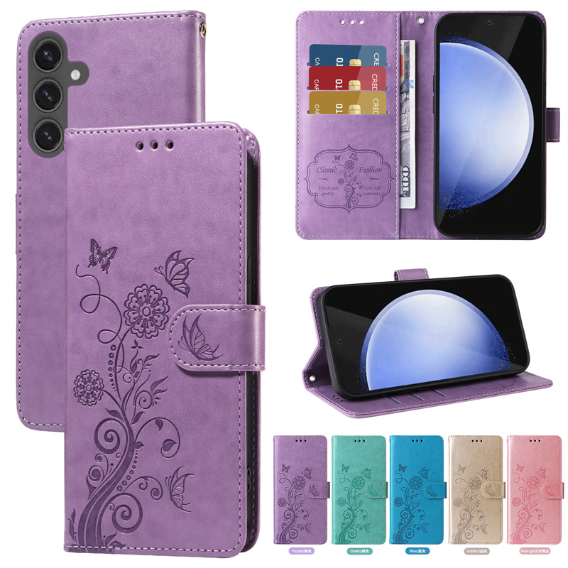 Embossed Butterfly Flower Leather Case for Samsung S24FE Phone Case S24Ultra Protective Case for A16A15A14 Women
