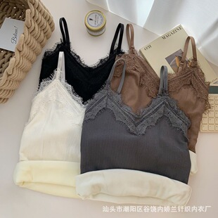 fleece-lined Thickened Lace Camisole Women's Autumn and Winter Slim-fit Short Tight Sleeveless Base Shirt Top