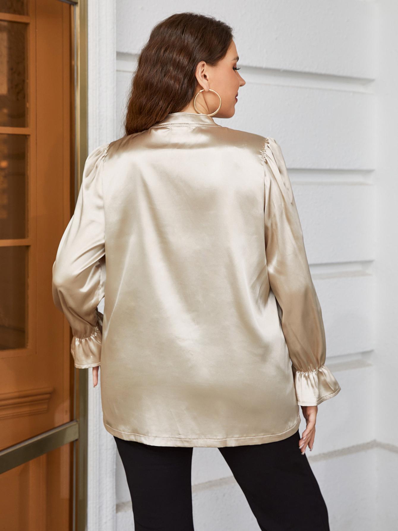 plus size solid color faux silk satin loose long-sleeved top NSWFC139275