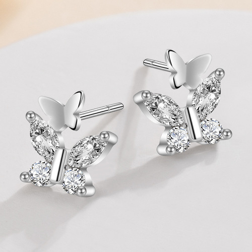Higu E1517 S999 Silver Minimalist Fresh Zircon Double Butterfly Earrings for Women, Elegant & Unique Summer Ear Accessories