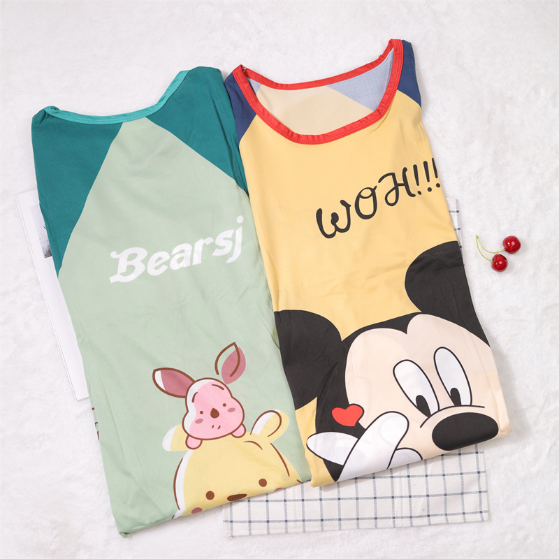 Pijama de verano camisón delgado de manga corta para mujer puesto de dibujos animados lindo estudiante suelto vestido MIDI de una pieza ropa para el hogar