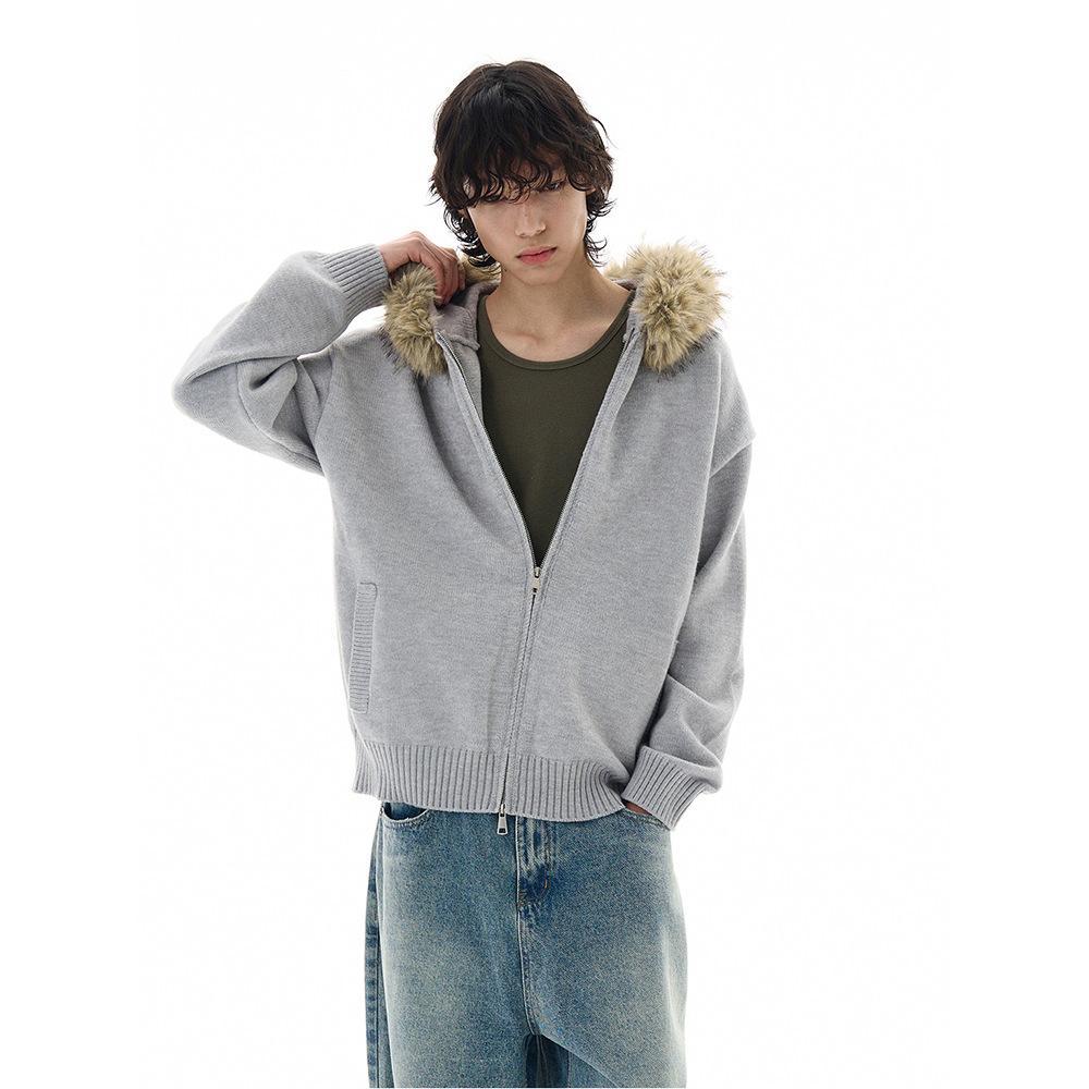 High-End Zipper Cardigan Knitwear for Men in Spring and Autum New American Style Lazy Knitted Knitwear Fur Collar Jacket Couple Trend