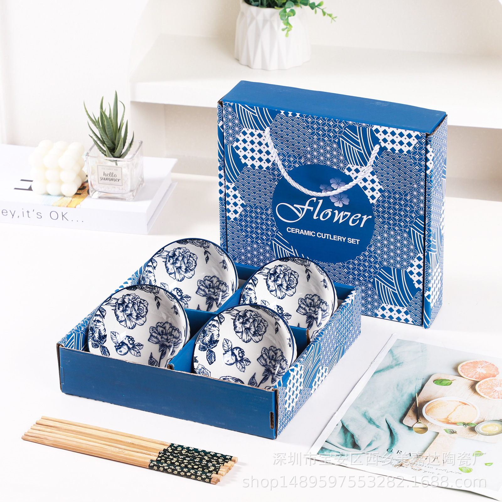 Regalo bohemio tazón de cerámica y palillos traje al por mayor tazón y plato traje hogar tazón de arroz vajilla conjunto tazón caja de regalo traje