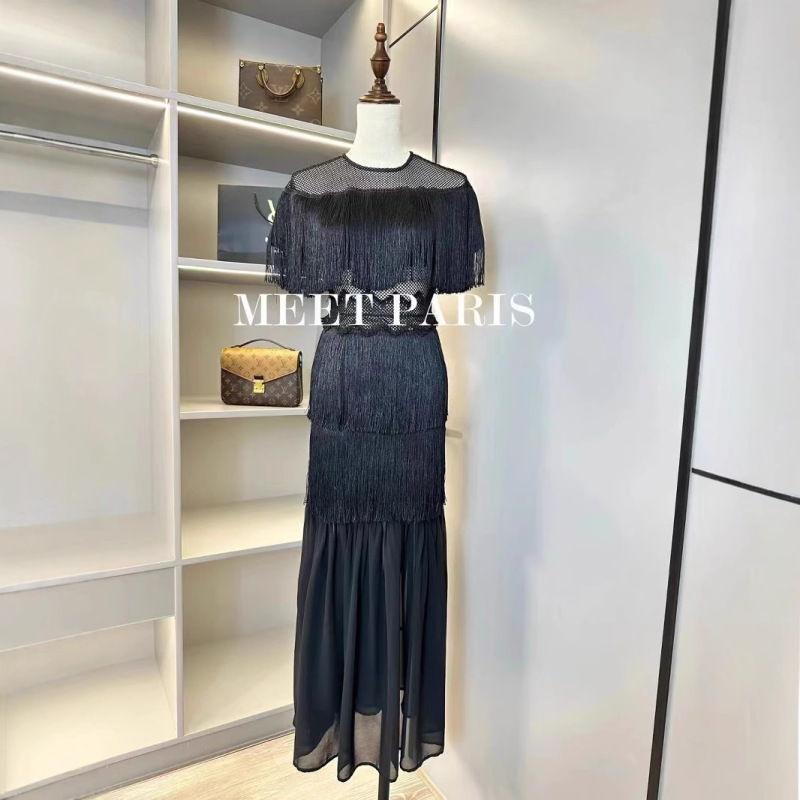 8094 New Fashion Banquet White Tassel Evening Dress Dinner Skirt Slim Fit dress