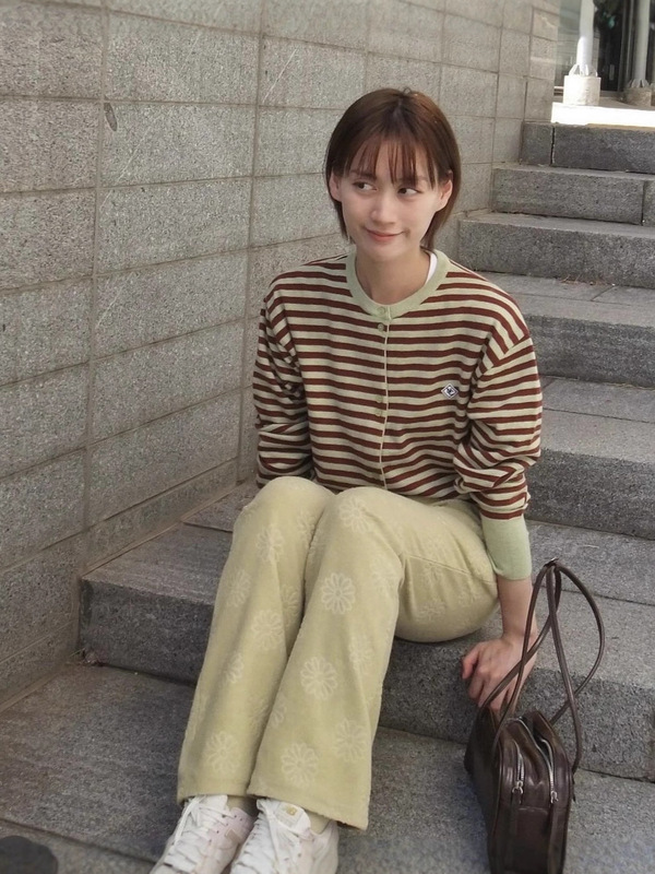 现货 田曦薇同款 韩国设计师品牌 经典时尚条纹针织70%羊毛开衫女|undefined