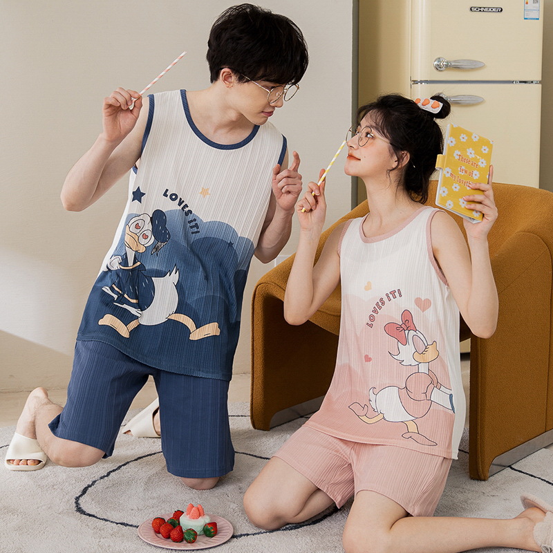 Algodón de punto de verano pareja pijama chaleco de mujer pantalones cortos delgados casuales lindos hombres y mujeres set de ropa de casa
