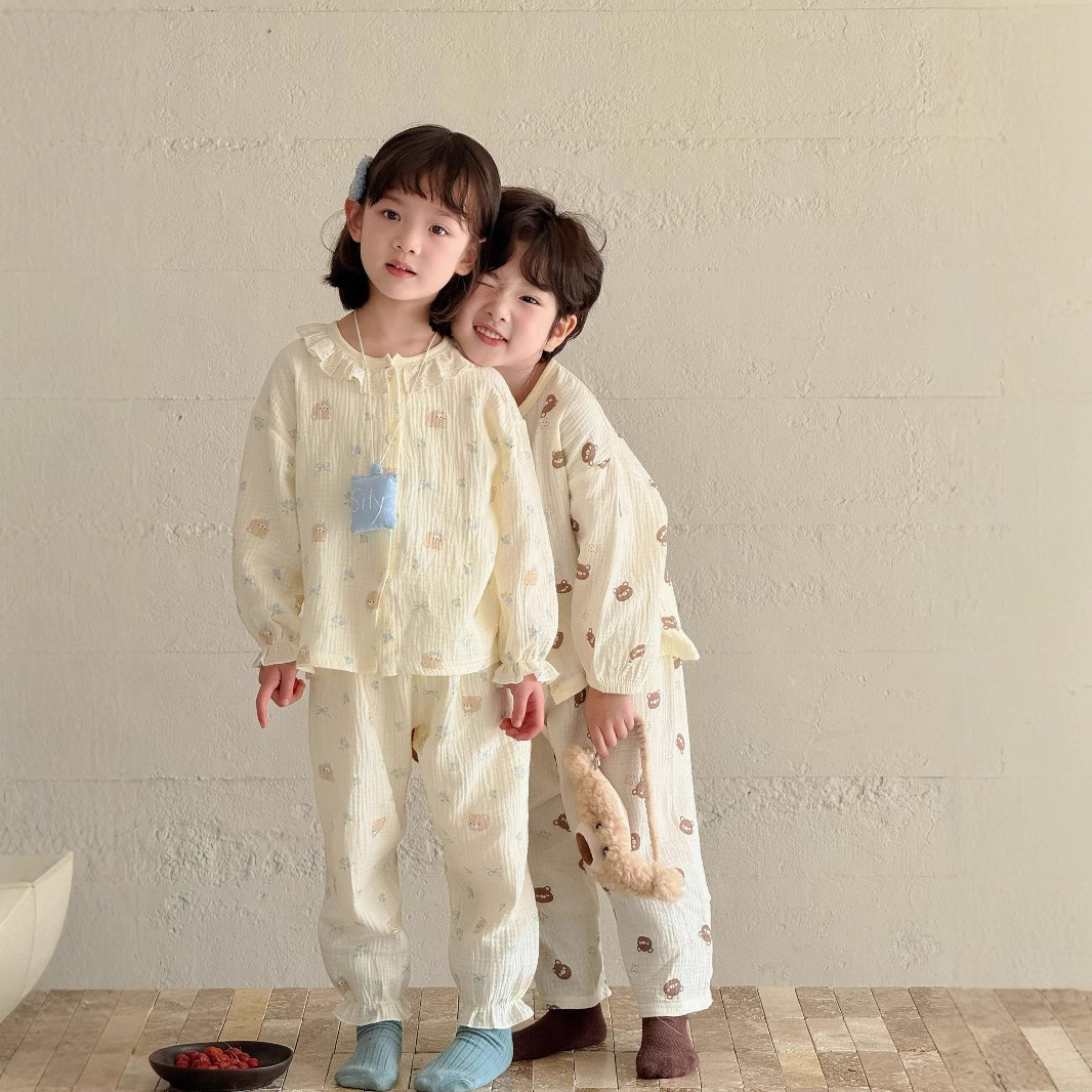 Korean Wrinkled Gauze Pajamas Spring, Autumn and Summer Pure Cotton Cardigan Double-Layer Cotton Gauze Kidsren's Home Wear Set Thin and Breathable