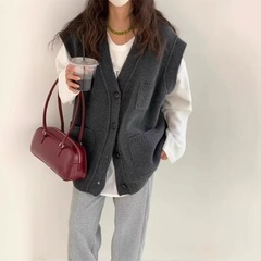 日韩休闲慵懒风纯色口袋毛衣开衫马甲外套女秋冬叠穿v领针织外搭