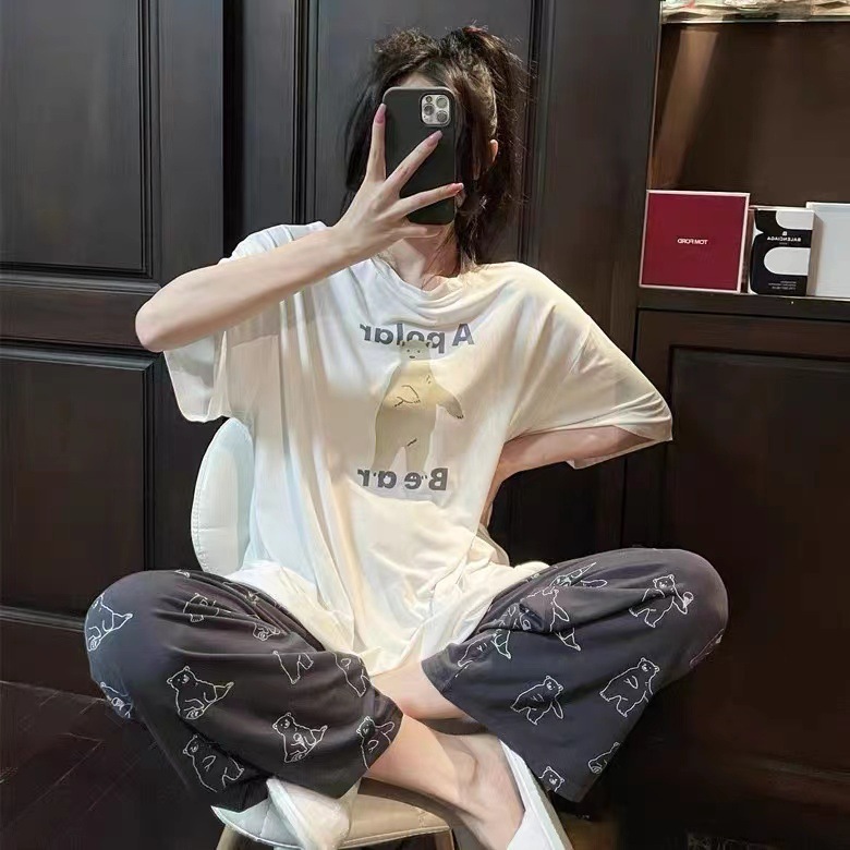 Pajamas women's summer Korean-style round neck short-sleeved trousers loose student plus size two-piece suit outerwear homewear