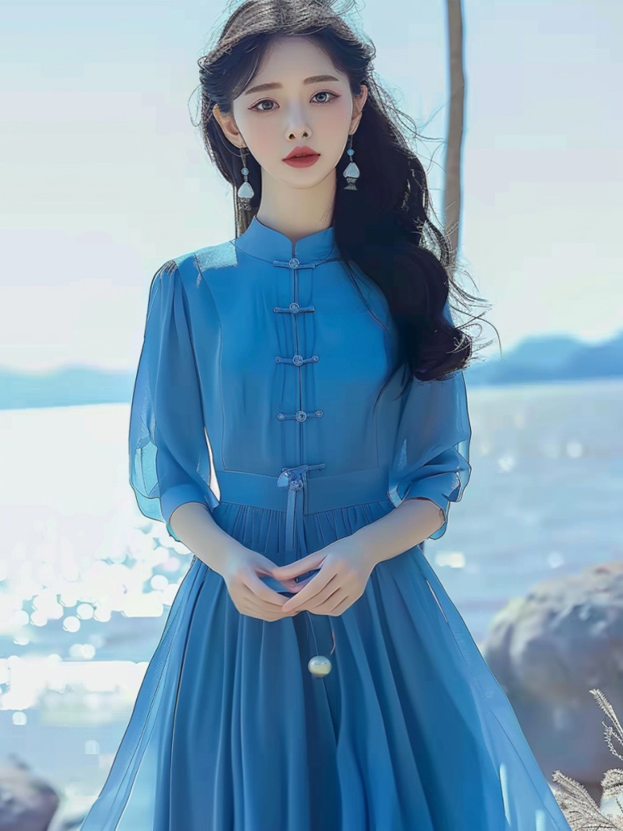 Đầm maxi nữ phong cách Trung Hoa nhẹ nhàng, sườn xám cách tân mùa hè, tay ngắn, thắt eo — Màu xanh lam chi tiết 5